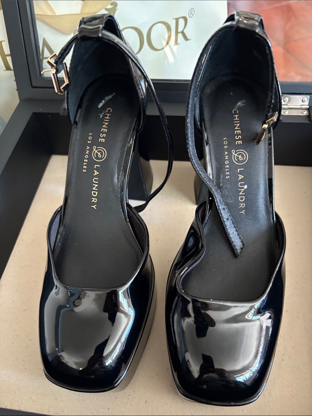 Chinese Laundry Black Patent Square-Toe Ankle-Strap Block Heels